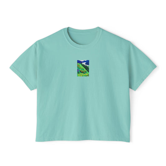 "Wildflower Fields" Women's Boxy Tee, Landscape, Oregon, Pacific Northwest Wildflowers, Oregon Riverbanks ACEO 4/8