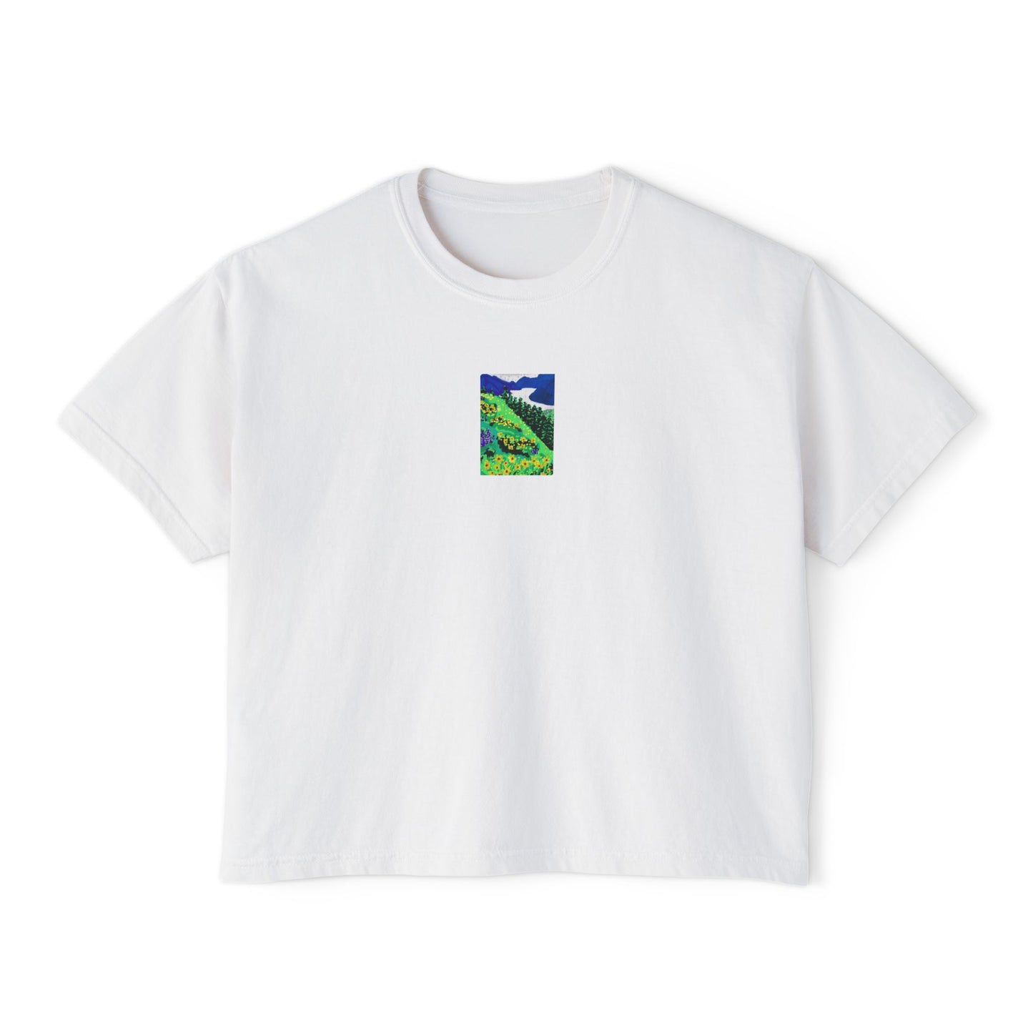 "Wildflower Fields" Women's Boxy Tee, Landscape, Oregon, Pacific Northwest Wildflowers, Oregon Riverbanks ACEO 4/8