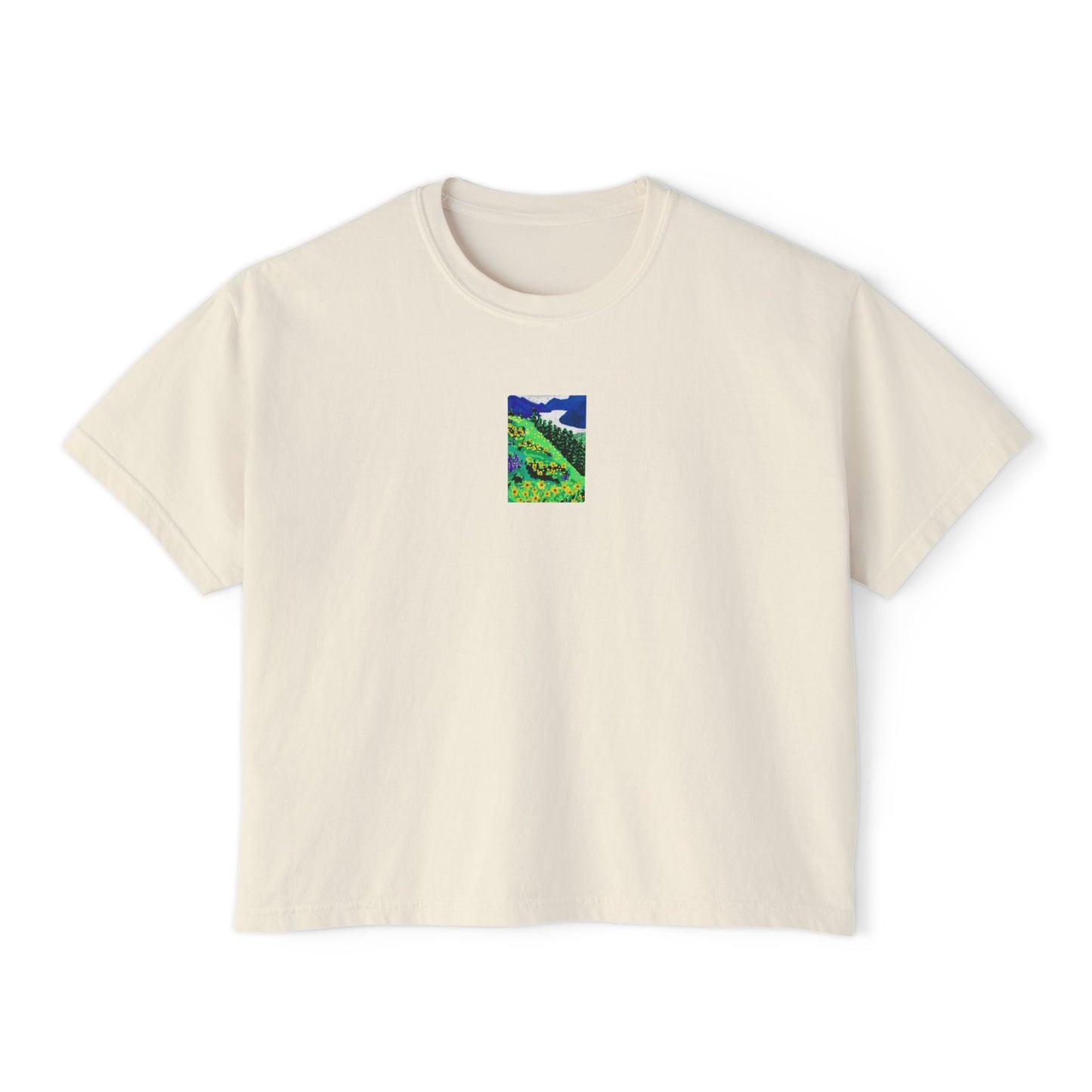 "Wildflower Fields" Women's Boxy Tee, Landscape, Oregon, Pacific Northwest Wildflowers, Oregon Riverbanks ACEO 4/8