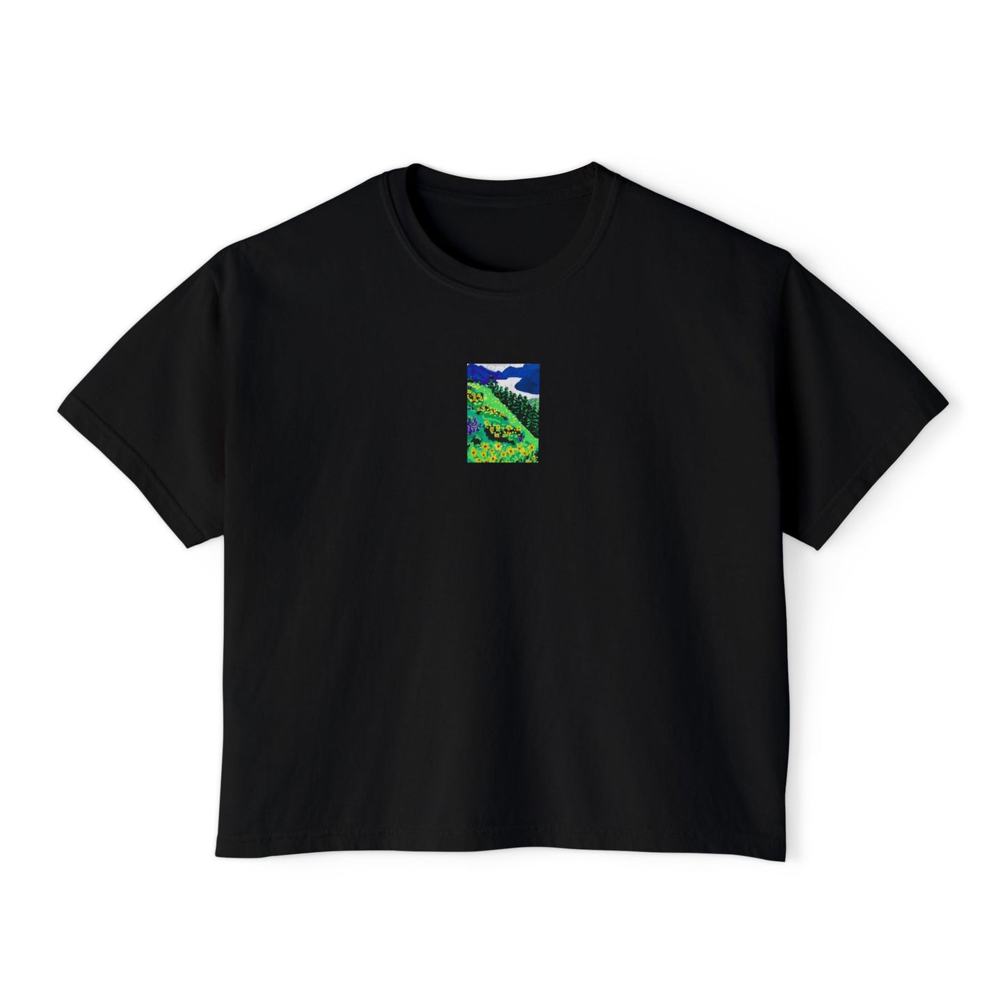 "Wildflower Fields" Women's Boxy Tee, Landscape, Oregon, Pacific Northwest Wildflowers, Oregon Riverbanks ACEO 4/8